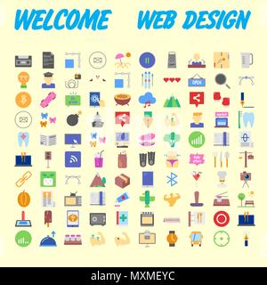 Satz von 100 flach Web Icons auf folgenden Themen - SEO und Entwicklung, kreativen Prozess, Wirtschaft und Finanzen, Büro und Business, Sicherheit und Schutz Stock Vektor