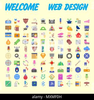 Satz von 100 flach Web Icons auf folgenden Themen - SEO und Entwicklung, kreativen Prozess, Wirtschaft und Finanzen, Büro und Business, Sicherheit und Schutz Stock Vektor