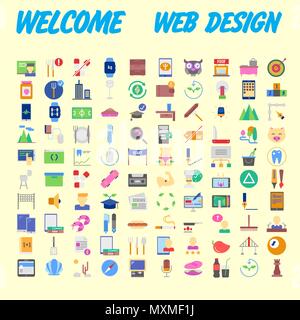 Satz von 100 flach Web Icons auf folgenden Themen - SEO und Entwicklung, kreativen Prozess, Wirtschaft und Finanzen, Büro und Business, Sicherheit und Schutz Stock Vektor
