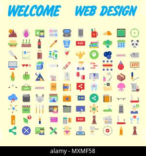 Satz von 100 flach Web Icons auf folgenden Themen - SEO und Entwicklung, kreativen Prozess, Wirtschaft und Finanzen, Büro und Business, Sicherheit und Schutz Stock Vektor