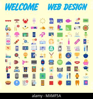 Satz von 100 flach Web Icons auf folgenden Themen - SEO und Entwicklung, kreativen Prozess, Wirtschaft und Finanzen, Büro und Business, Sicherheit und Schutz Stock Vektor