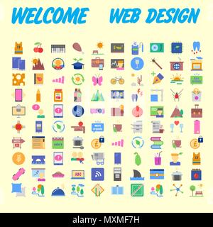 Satz von 100 flach Web Icons auf folgenden Themen - SEO und Entwicklung, kreativen Prozess, Wirtschaft und Finanzen, Büro und Business, Sicherheit und Schutz Stock Vektor