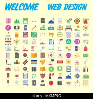 Satz von 100 flach Web Icons auf folgenden Themen - SEO und Entwicklung, kreativen Prozess, Wirtschaft und Finanzen, Büro und Business, Sicherheit und Schutz Stock Vektor