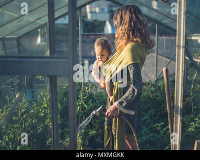 Eine junge Mutter mit ihrem Baby im Tragetuch ist die Bewässerung ihrer Tomaten Stockfoto