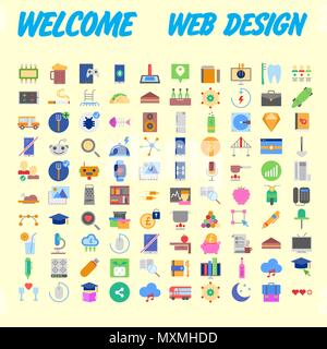 100 universelle Symbole für Web Design zu verschiedenen Themen. Vector Illustration Stock Vektor