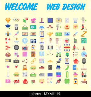 100 universelle Symbole für Web Design zu verschiedenen Themen. Vector Illustration Stock Vektor