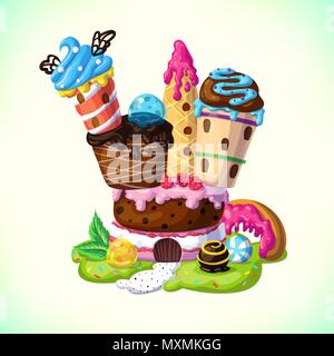 Süßigkeiten schloss. Ein märchenhaftes Schloss mit Türmen von Kuchen und Eis. Cartoon Vector Illustration. Stock Vektor