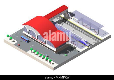 Bahnhofsgebäude, Plattformen und Zug. Vektor isometrische Darstellung. Stock Vektor