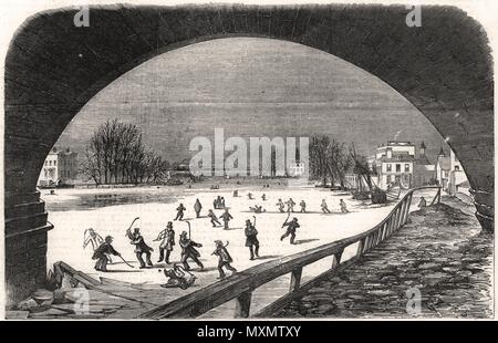 Eishockey auf dem gefrorenen Themse in Richmond. London 1855. Die Illustrated London News Stockfoto