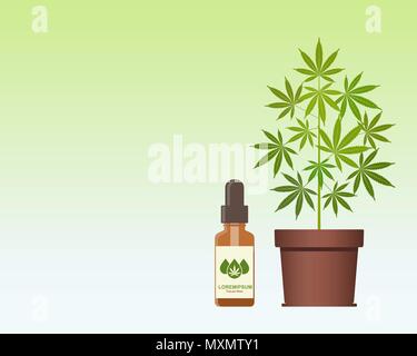 Marihuana Pflanze und dropper mit CBD Öl. Cannabis Öl. Medizinisches Marihuana. CBD öl Hanf Produkte. Flasche mock up. Verpackung Produkt Label und Logo gra