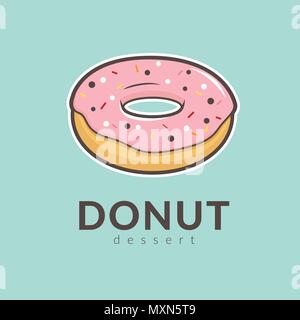 Rosa donut Erdbeer Aroma mit bunten Streuseln oben auf blauem Hintergrund isoliert. Hand gezeichneten Karikatur Vector Illustration. Stock Vektor