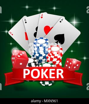 Casino Gambling poker Hintergrund Design. Poker Banner mit Chips, Spielkarten und Würfel. Online Casino Banner auf grünem Hintergrund. Vector Illustration. Stock Vektor