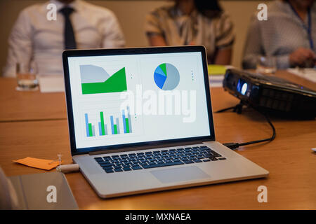 Vorderansicht eines Computer angeschlossen an einen Projektor, Diagramme und Grafiken mit Informationen auf. Nicht erkennbare Personen im Hintergrund. Stockfoto
