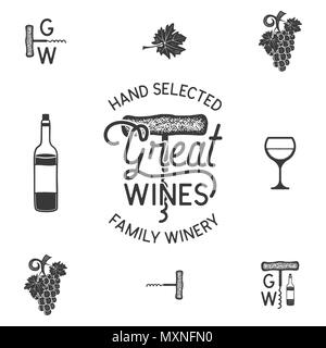 Wein, Weingut Logos und Icons, Elemente. Getränke, alkoholische Getränke, Monogramm. Flasche Wein, Glas, Traube, Blatt. Große Weine Schriftzug. Lieferbar monochromen Abbildung auf weißen isoliert Stockfoto