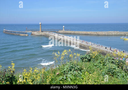 Ost und West Piers und Leuchttürme in Whitby, North Yorkshire Stockfoto