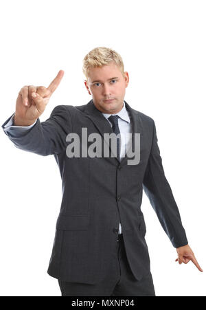 Junge Unternehmer halten sich die Hand mit einem Finger auf weißem Hintergrund Stockfoto