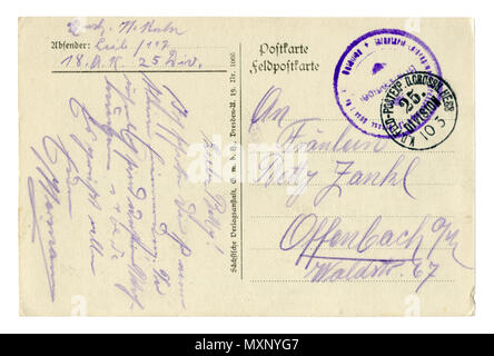 Zurück der Historischen Deutschen MXNYF Postkarte (6) mit Schreiben mit Bleistift geschrieben, mit E-Mail und Name der militärischen Einheit Poststempel, der Weltkrieg 1914-1918 Stockfoto