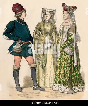 Court dress in England um 1400. Hand-farbig drucken Stockfoto