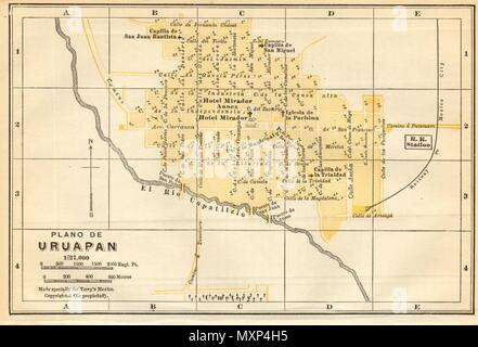 Plano de Uruapan, Mexiko. Mapa de la Ciudad. Stadt/Stadt Plan 1935 alte Stockfoto