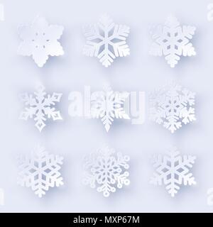 Vektor einrichten von 9 Papier Schneeflocken mit Schatten auf weißem Hintergrund. Neues Jahr und Weihnachten Design Elemente Stock Vektor