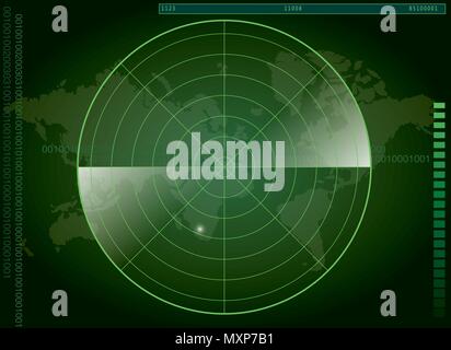 Grünen Radarschirm und Weltkarte Stock Vektor