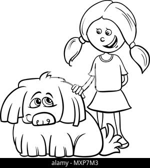 Schwarze und Weiße Cartoon Illustration von Kid Mädchen mit lustigen Shaggy Hund Malbuch Stock Vektor