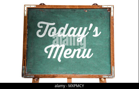 Restaurant "Die heutige Menü "weißen Text auf einem grünen alten Grunge vintage Holz- tafel oder Schule Blackboard mit Rahmen und Ständer geschrieben isolieren Stockfoto