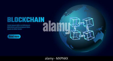 Blockchain Würfel Kette Symbol auf Platz code Big Data Flow Informationen. Neon Blau leuchtende Planet Earth Globus. Cryptocurrency Finanzen bitcoin Geschäftskonzept Vektor-illustration Hintergrund Vorlage Stock Vektor