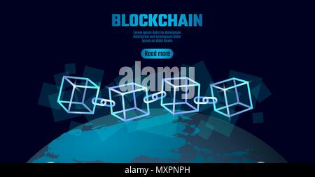 Blockchain Würfel Kette Symbol auf Platz code Big Data Flow Informationen. Neon Blau leuchtende Planet Earth Globus. Cryptocurrency Finanzen bitcoin Geschäftskonzept Vektor-illustration Hintergrund Vorlage Stock Vektor