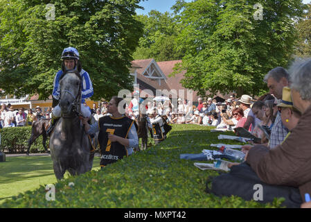Pferderennen in Baden-Baden, 2. Juni, 2018, Baden Racing der Feder Veranstaltung, Präsentation von Pferden vor dem Rennen im Fahrerlager, Rennen die Silberne Peitsche Stockfoto