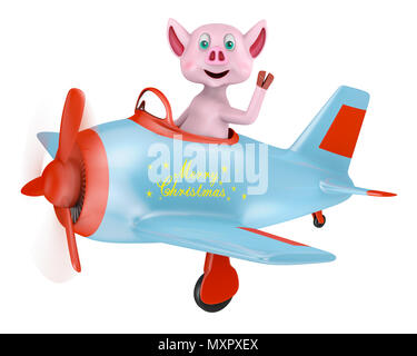 Ferkel in einem Flugzeug mit einer Aufschrift Frohe Weihnachten auf einem weißen Hintergrund. Stockfoto