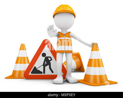 Straßenarbeiter und Verkehrsschild mit Kegel. 3D-Rendering. Stockfoto