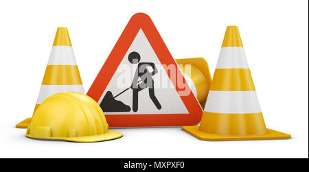 Verkehrszeichen, Kegel und Helme. 3D-Rendering. Stockfoto