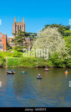 Coricals auf dem Fluss Wye, Hereford Cathedral. May Bank Holiday River Karneval Hereford GROSSBRITANNIEN. 2018 Stockfoto