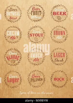 Poster Collection von Bier caps Biersorten stilisierte unter retro Zeichnung auf Kraftpapier. Stock Vektor