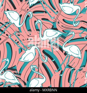 Weiß und rosa Flamingo silhouette monstera Random auf grünem Hintergrund. Nahtlose Muster Hintergrund Design für die Sommersaison im Vector Illustration. Stock Vektor