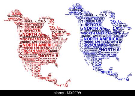 Skizze Nordamerika schreiben Text Kontinent Nordamerika Wort - in der Form des Kontinents, Karte von Kontinent Nordamerika - Rot und Blau Vektor i Stock Vektor