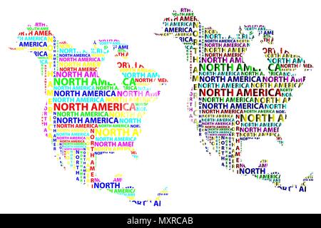 Skizze Nordamerika schreiben Text Kontinent Nordamerika Wort - in der Form des Kontinents, Karte von Kontinent Nordamerika-color Vector illustra Stock Vektor