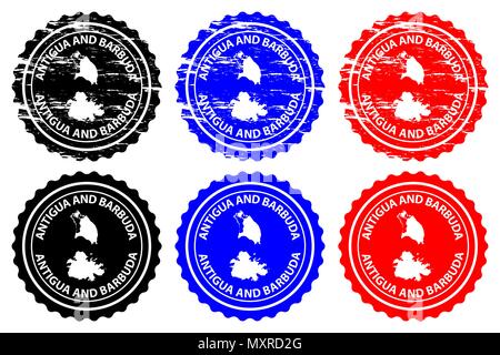 Antigua und Barbuda - Stempel - Vektor, Antigua und Barbuda Insel Karte Muster - Aufkleber - Schwarz, Blau und Rot Stock Vektor