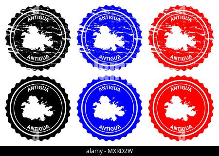 Antigua - Stempel - Vektor, Antigua und Barbuda Insel Karte Muster - Aufkleber - Schwarz, Blau und Rot Stock Vektor
