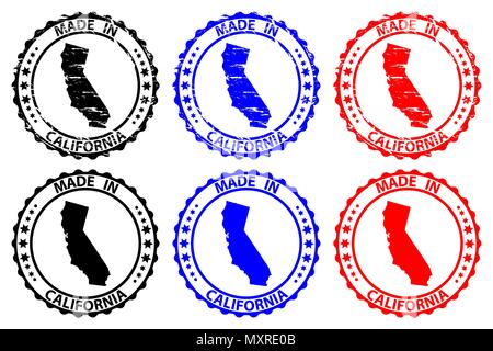 In Kalifornien gebildet - Stempel - Vektor , Kalifornien (Vereinigte Staaten von Amerika) Karte Muster - Schwarz, Blau und Rot Stock Vektor