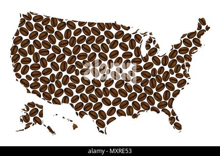 Vereinigte Staaten von Amerika - Karte von Coffee Bean, Vereinigten Staaten von Amerika (USA), (USA) Karte aus Kaffeebohnen, Stock Vektor