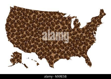 Vereinigte Staaten von Amerika - Karte von Coffee Bean, Vereinigten Staaten von Amerika (USA), (USA) Karte aus Kaffeebohnen, Stock Vektor