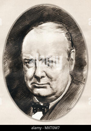 Sir Winston Leonard Spencer-Churchill, 1874 - 1965. Britischer Politiker, Offizier in der Armee, Schriftsteller und zwei Mal Premierminister des Vereinigten Königreichs. Abbildung von Gordon Ross, US-amerikanischer Künstler und Illustrator (1873-1946), von lebenden Biographien berühmter Männer. Stockfoto