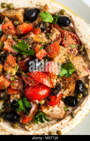 Vegan panzanella Salat auf einer Schicht von Hummus auf einem Teller. Leckeres und gesundes Essen. Stockfoto
