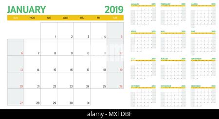 Kalender Planer 2019 Vorlage vector Illustration alle 12 Monate Woche beginnt am Sonntag und an den Wochenenden Samstag und Sonntag Stock Vektor