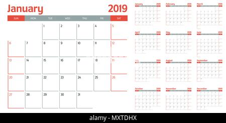 Kalender Planer 2019 Vorlage vector Illustration alle 12 Monate Woche beginnt am Sonntag und an den Wochenenden Samstag und Sonntag Stock Vektor