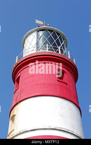Eine Nahaufnahme der Lampe Haus des Happisburgh Leuchtturm an der Küste von Norfolk auf Happisburgh, Norfolk, England, Vereinigtes Königreich, Europa. Stockfoto
