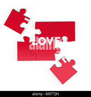 Realistische rot sechs Stücke von Jigsaw Puzzle mit Liebe text auf isolierten weißen Hintergrund. 3D-Rendering. Stockfoto