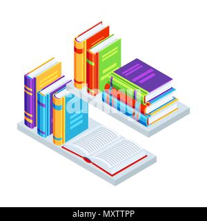 Isometrische Bücher über Bücherregale. Stock Vektor